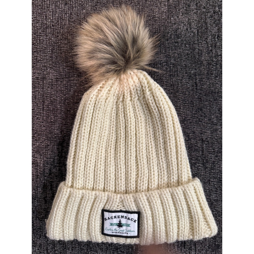 Women's Cozy Knit Ivory One Size Faux Fur Pom Beanie Hat